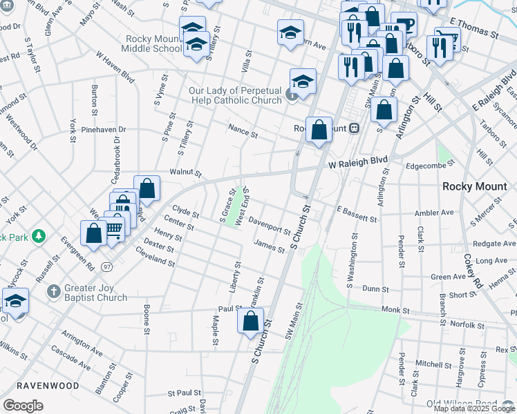 map of restaurants, bars, coffee shops, grocery stores, and more near 804 Belvedere Street in Rocky Mount