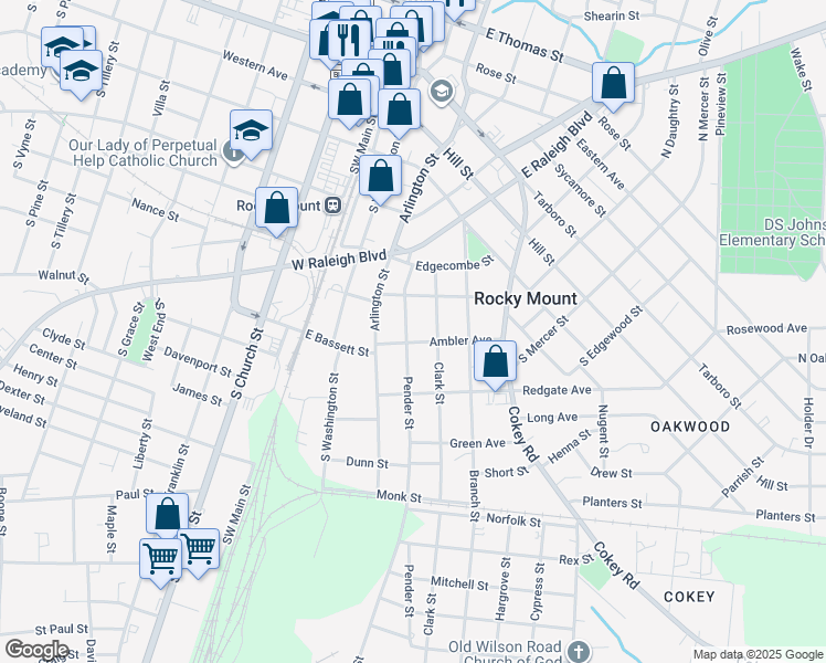 map of restaurants, bars, coffee shops, grocery stores, and more near 629 Pender Street in Rocky Mount