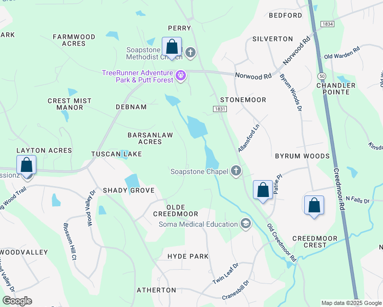 map of restaurants, bars, coffee shops, grocery stores, and more near 1605 Liatris Lane in Raleigh