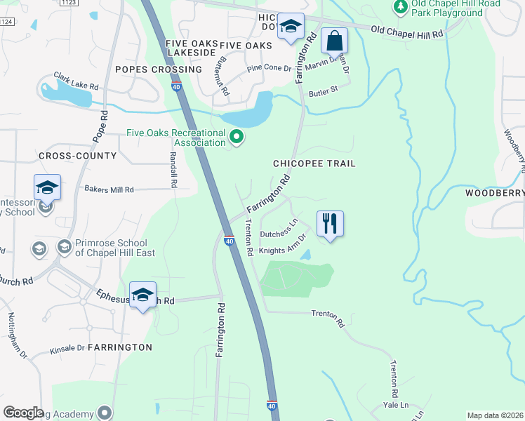 map of restaurants, bars, coffee shops, grocery stores, and more near 4714 Carmen Lane in Durham