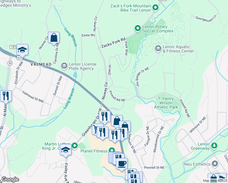 map of restaurants, bars, coffee shops, grocery stores, and more near 1211 Wexford Village Circle Northeast in Lenoir