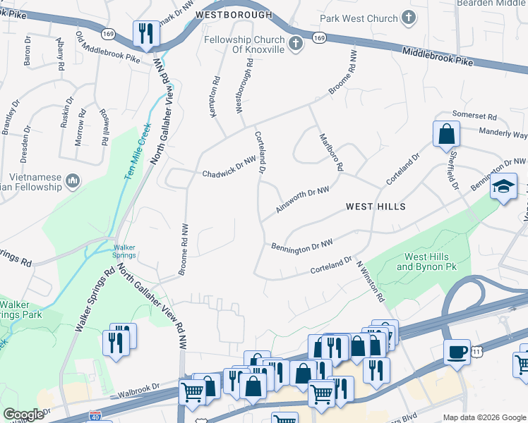 map of restaurants, bars, coffee shops, grocery stores, and more near 8401 Corteland Drive in Knoxville