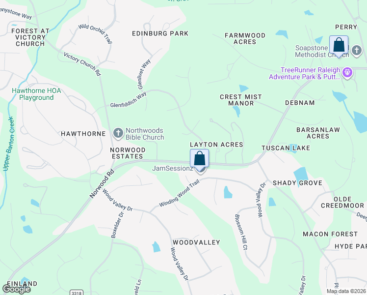 map of restaurants, bars, coffee shops, grocery stores, and more near 12301 Norwood Road in Raleigh