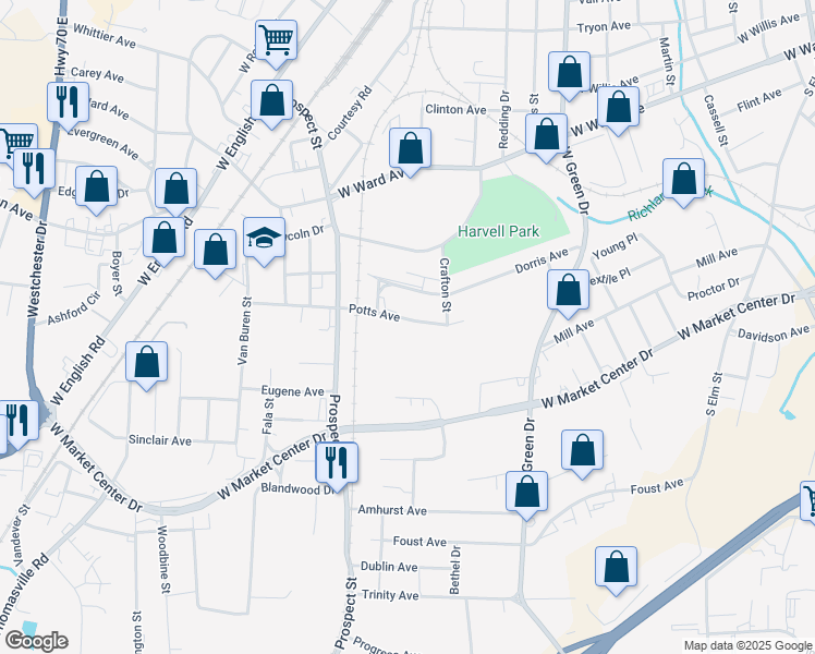 map of restaurants, bars, coffee shops, grocery stores, and more near 1315 Potts Avenue in High Point