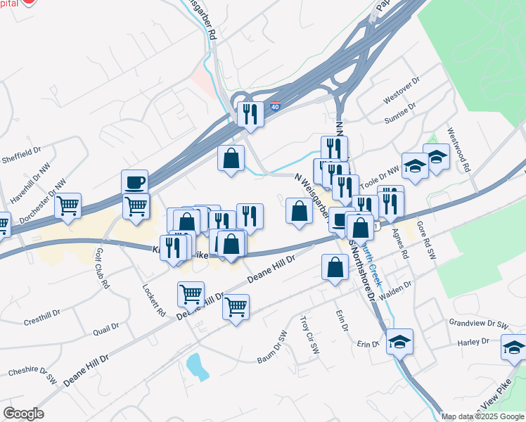 map of restaurants, bars, coffee shops, grocery stores, and more near 6315 Kingston Pike in Knoxville