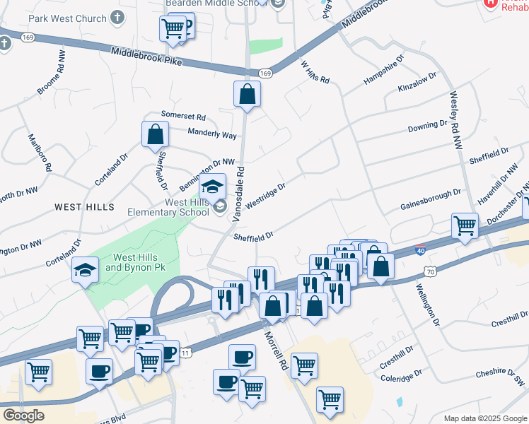 map of restaurants, bars, coffee shops, grocery stores, and more near 7424 Westridge Drive in Knoxville
