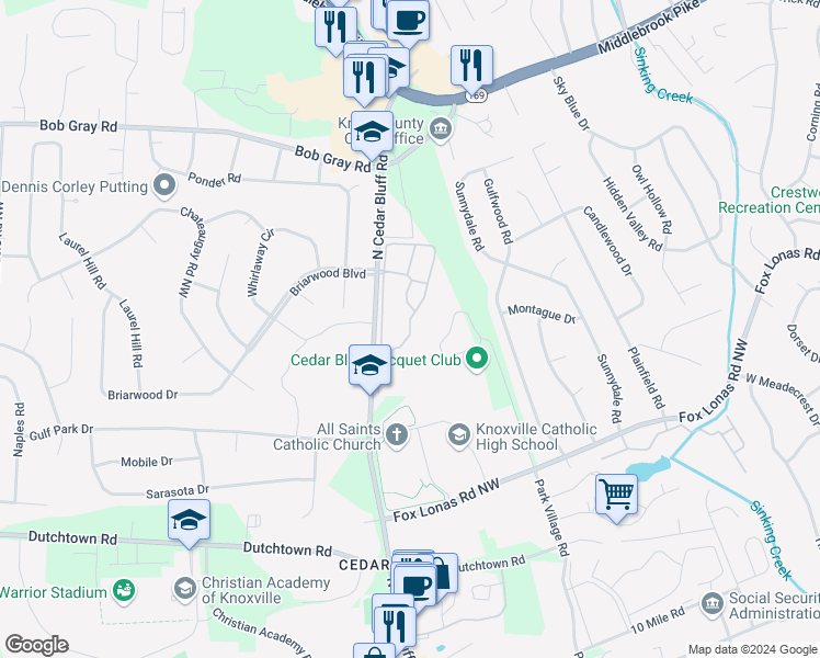 map of restaurants, bars, coffee shops, grocery stores, and more near 856 Racquet Club Way in Knoxville