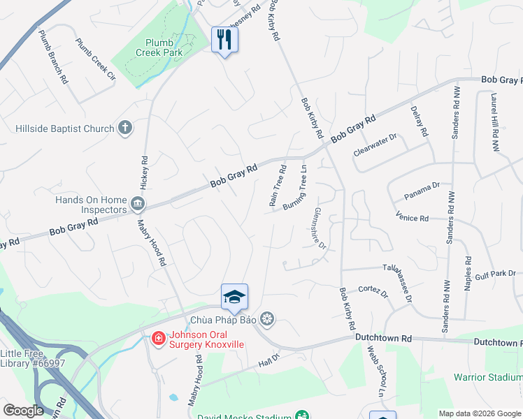 map of restaurants, bars, coffee shops, grocery stores, and more near 1101 Burning Tree Lane in Knoxville