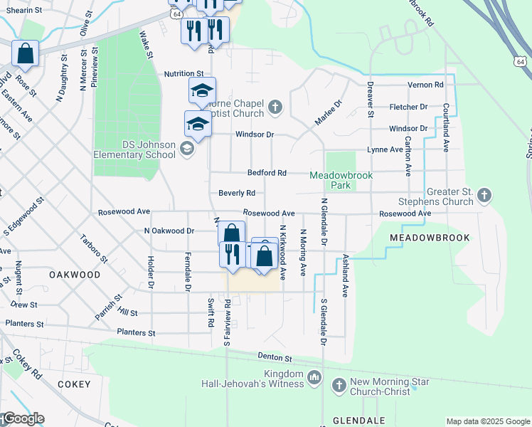 map of restaurants, bars, coffee shops, grocery stores, and more near 1601 Rosewood Avenue in Rocky Mount