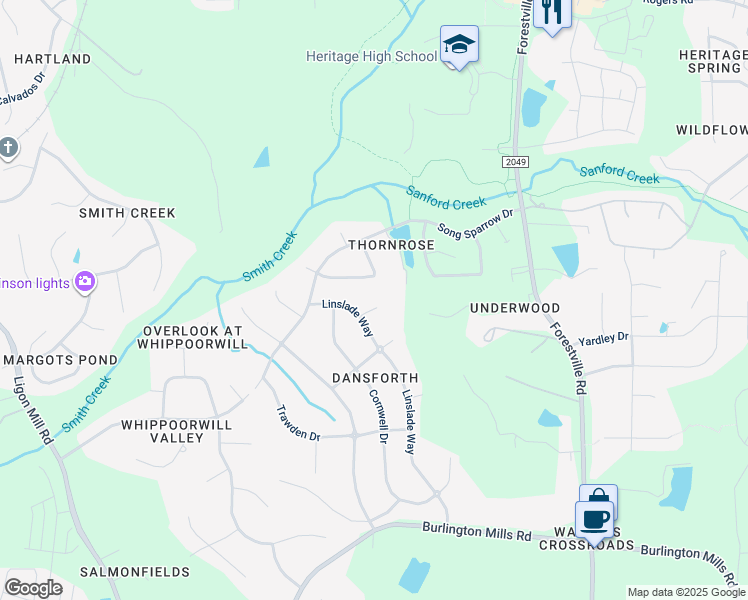 map of restaurants, bars, coffee shops, grocery stores, and more near 3709 Andoversford Court in Wake Forest