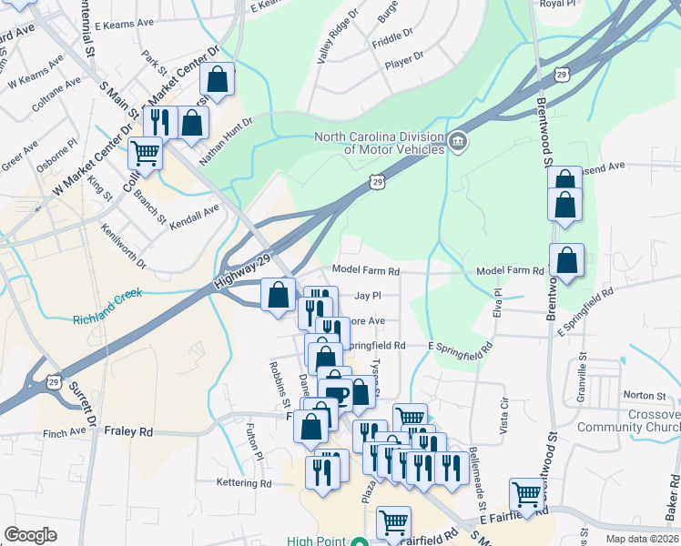 map of restaurants, bars, coffee shops, grocery stores, and more near 214 Model Farm Road in High Point