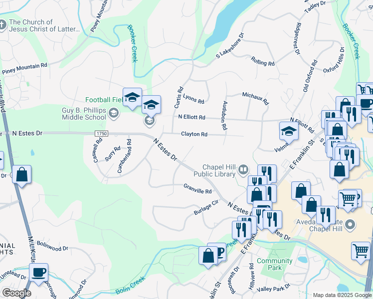 map of restaurants, bars, coffee shops, grocery stores, and more near 1601 Halifax Road in Chapel Hill