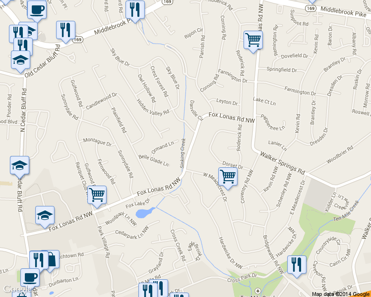 map of restaurants, bars, coffee shops, grocery stores, and more near 8919 Fox Lonas Road Northwest in Knoxville