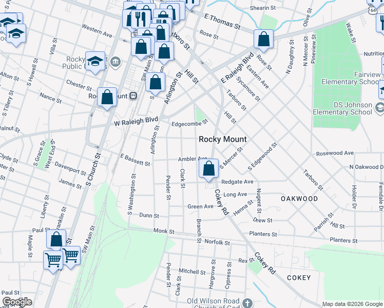 map of restaurants, bars, coffee shops, grocery stores, and more near 626 Branch Street in Rocky Mount