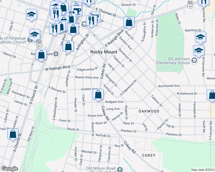 map of restaurants, bars, coffee shops, grocery stores, and more near 724 School Street in Rocky Mount
