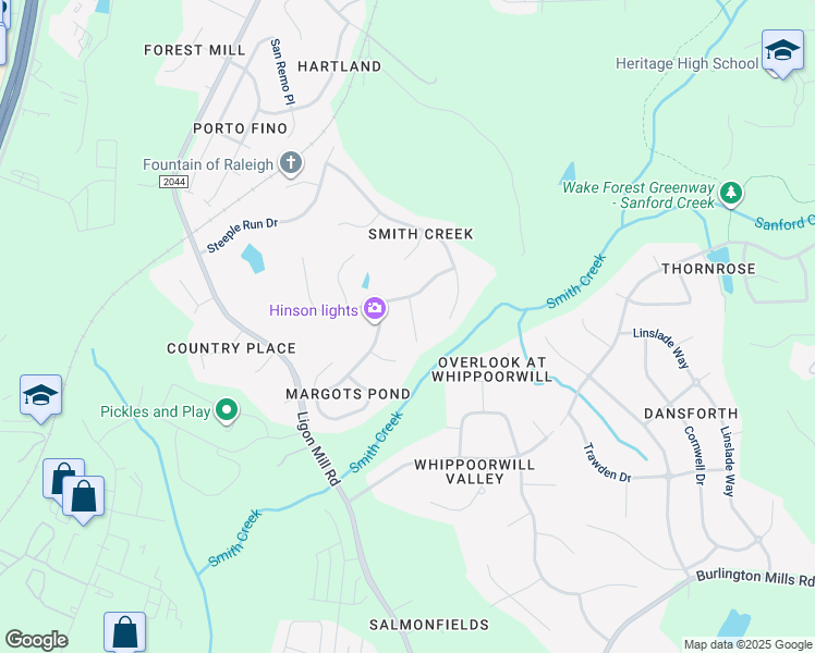 map of restaurants, bars, coffee shops, grocery stores, and more near 9413 Buggy Run Court in Wake Forest