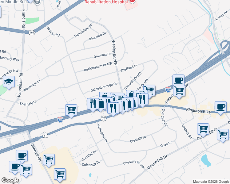 map of restaurants, bars, coffee shops, grocery stores, and more near 7021 Traditional Drive Northwest in Knoxville