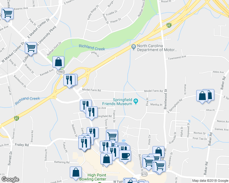 map of restaurants, bars, coffee shops, grocery stores, and more near 300 Model Farm Road in High Point