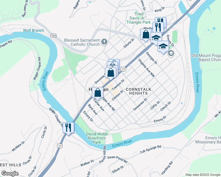 map of restaurants, bars, coffee shops, grocery stores, and more near 602 Walden Avenue in Harriman