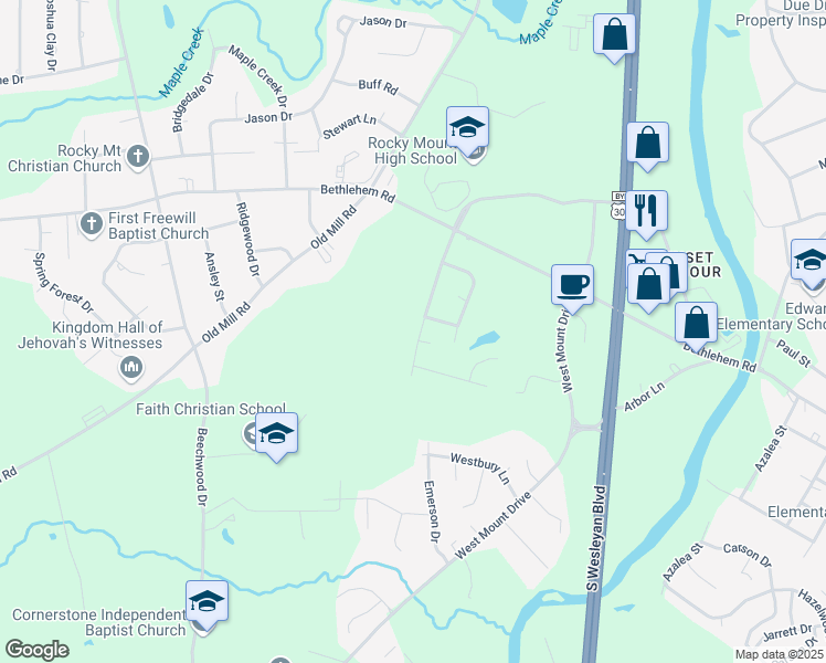 map of restaurants, bars, coffee shops, grocery stores, and more near 1114 Weathervane Hill Drive in Rocky Mount
