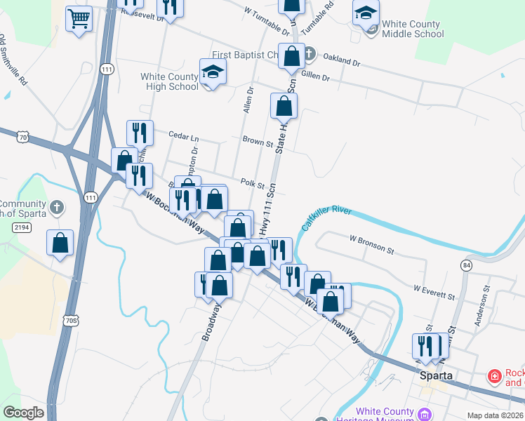 map of restaurants, bars, coffee shops, grocery stores, and more near 109 North Spring Street in Sparta