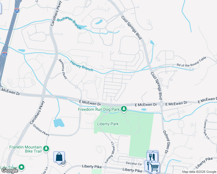 map of restaurants, bars, coffee shops, grocery stores, and more near 1213 Stoneypoint Lane in Franklin