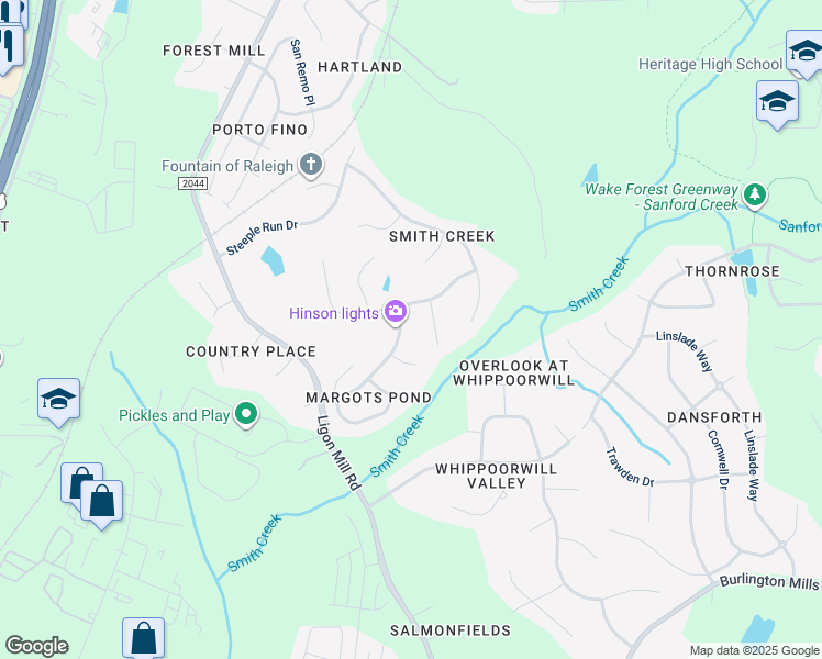 map of restaurants, bars, coffee shops, grocery stores, and more near 9413 Buggy Run Court in Wake Forest