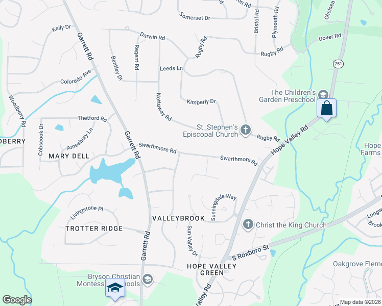 map of restaurants, bars, coffee shops, grocery stores, and more near 3818 Swarthmore Road in Durham