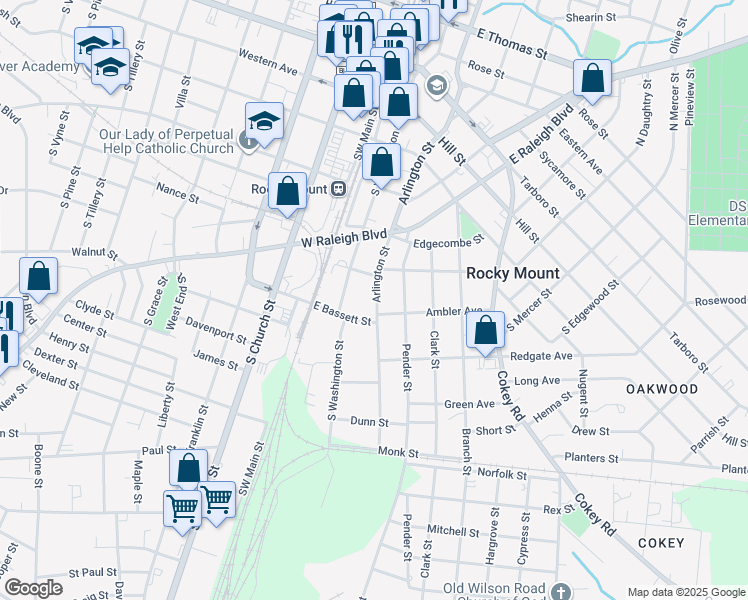 map of restaurants, bars, coffee shops, grocery stores, and more near 623 Arlington Street in Rocky Mount