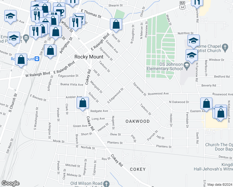 map of restaurants, bars, coffee shops, grocery stores, and more near 898 Hill Street in Rocky Mount