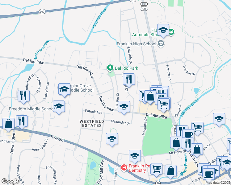 map of restaurants, bars, coffee shops, grocery stores, and more near 318 Astor Way in Franklin