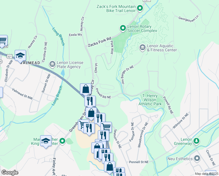 map of restaurants, bars, coffee shops, grocery stores, and more near 1236 Wexford Village Circle Northeast in Lenoir