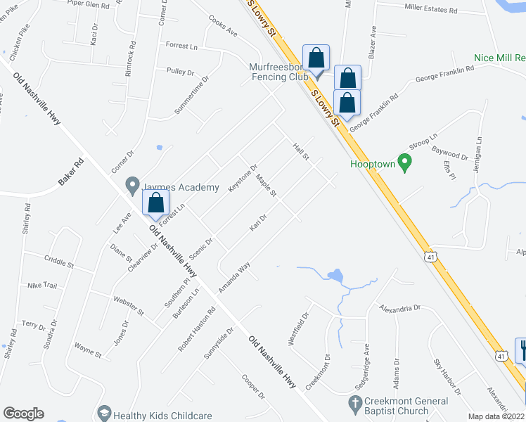 map of restaurants, bars, coffee shops, grocery stores, and more near 6547 Kari Drive in Murfreesboro