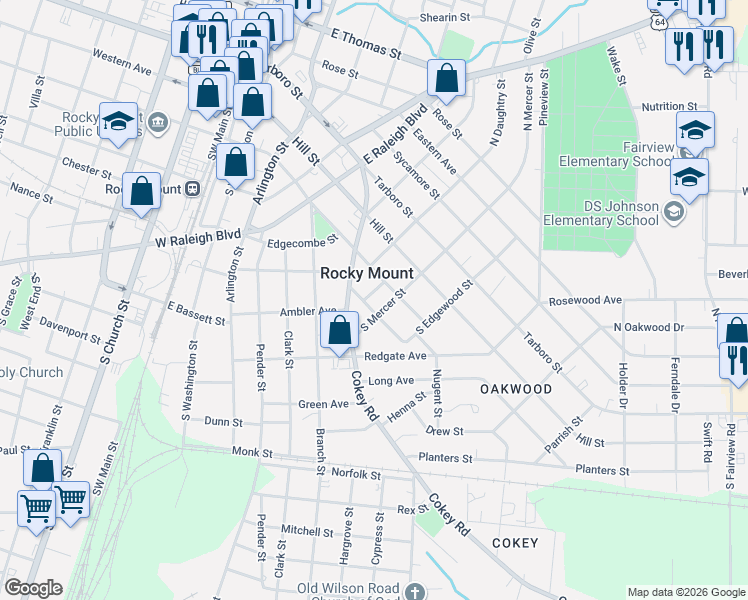 map of restaurants, bars, coffee shops, grocery stores, and more near 724 School Street in Rocky Mount