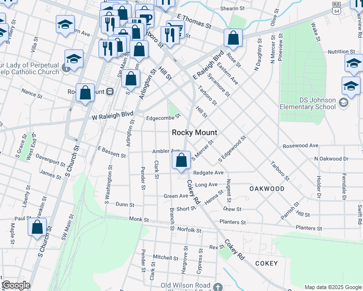 map of restaurants, bars, coffee shops, grocery stores, and more near 428 Cokey Road in Rocky Mount