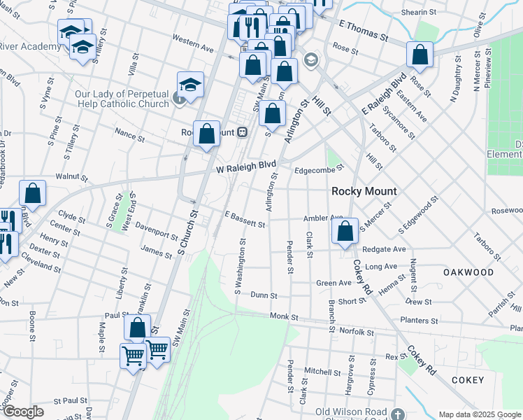 map of restaurants, bars, coffee shops, grocery stores, and more near 623-699 Arlington St in Rocky Mt