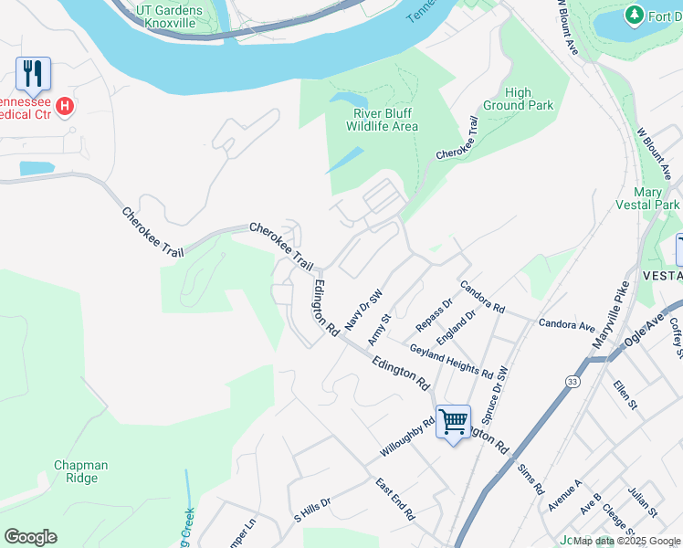 map of restaurants, bars, coffee shops, grocery stores, and more near 3921 Cherokee Woods Way in Knoxville
