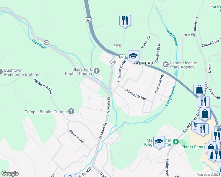 map of restaurants, bars, coffee shops, grocery stores, and more near 1600-1690 Main Street Northwest in Lenoir
