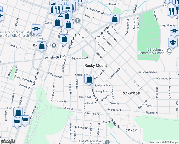 map of restaurants, bars, coffee shops, grocery stores, and more near 428 Cokey Road in Rocky Mount