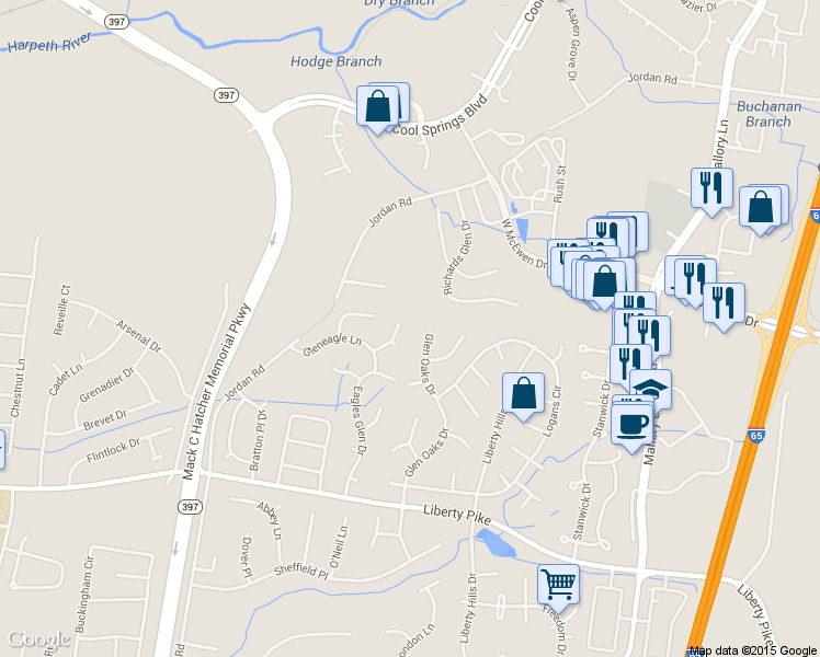 map of restaurants, bars, coffee shops, grocery stores, and more near 717 Fawn Circle in Franklin