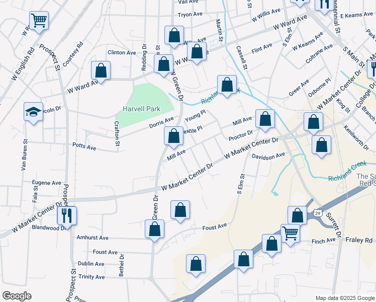 map of restaurants, bars, coffee shops, grocery stores, and more near 1600 Walker Place in High Point