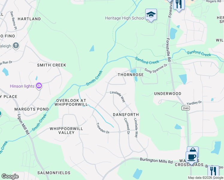 map of restaurants, bars, coffee shops, grocery stores, and more near 9252 Linslade Way in Wake Forest