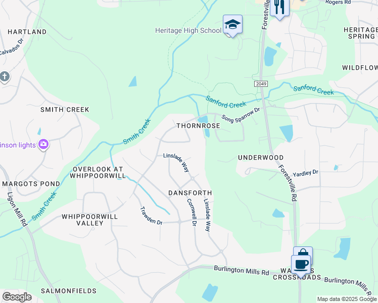 map of restaurants, bars, coffee shops, grocery stores, and more near 3709 Andoversford Court in Wake Forest