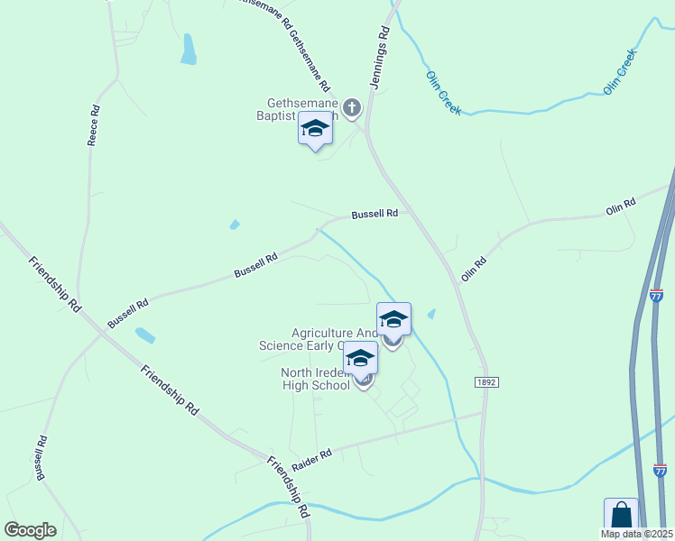 map of restaurants, bars, coffee shops, grocery stores, and more near Bussell Road in Olin
