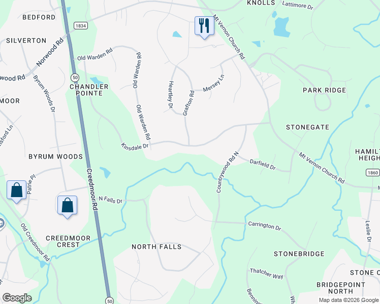 map of restaurants, bars, coffee shops, grocery stores, and more near 1113 Kinsdale Drive in Raleigh