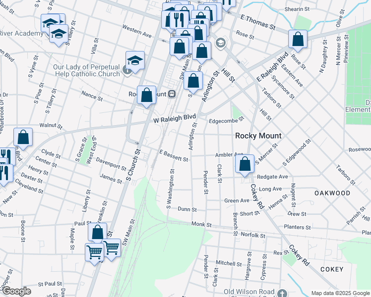 map of restaurants, bars, coffee shops, grocery stores, and more near 623-699 Arlington St in Rocky Mt