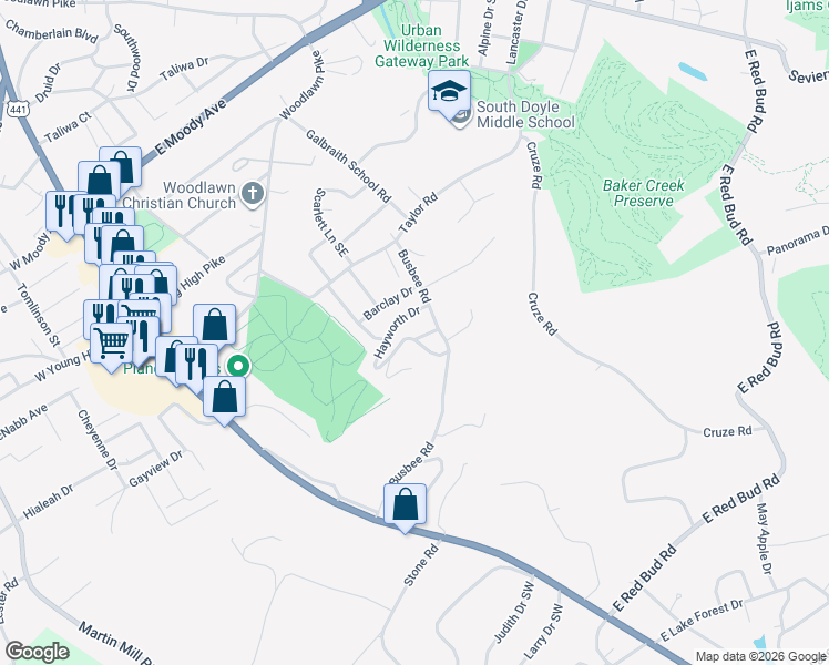 map of restaurants, bars, coffee shops, grocery stores, and more near 501 Moyers Drive in Knoxville