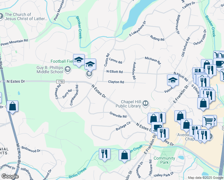 map of restaurants, bars, coffee shops, grocery stores, and more near 1601 Halifax Road in Chapel Hill