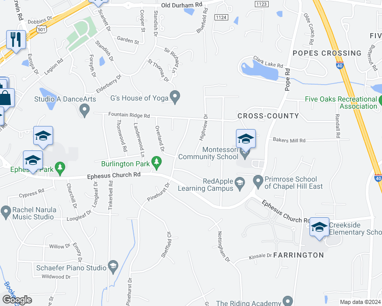 map of restaurants, bars, coffee shops, grocery stores, and more near 1905 Overland Drive in Chapel Hill