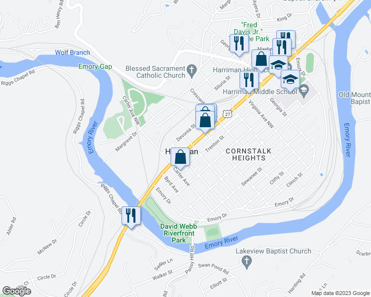 map of restaurants, bars, coffee shops, grocery stores, and more near 313 North Roane Street in Harriman